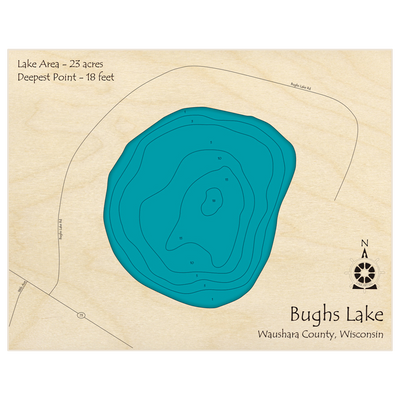 Bathymetric topo map of Bughs Lake with roads, towns and depths noted in blue water