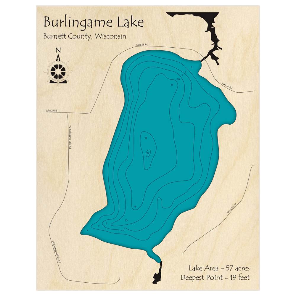 Bathymetric topo map of Burlingame Lake with roads, towns and depths noted in blue water