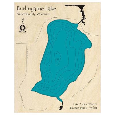 Bathymetric topo map of Burlingame Lake with roads, towns and depths noted in blue water
