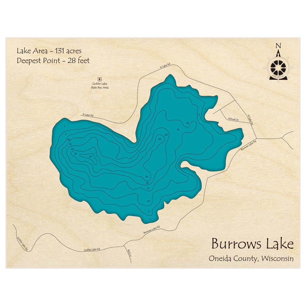 Bathymetric topo map of Burrows Lake with roads, towns and depths noted in blue water