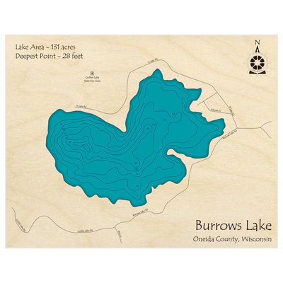 Bathymetric topo map of Burrows Lake with roads, towns and depths noted in blue water
