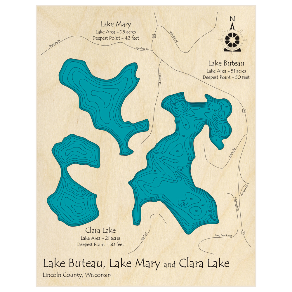 Bathymetric topo map of Buteau Lake (With Lake Mary and Clara) with roads, towns and depths noted in blue water