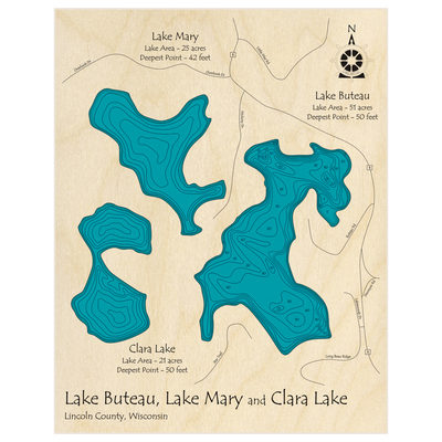 Bathymetric topo map of Buteau Lake (With Lake Mary and Clara) with roads, towns and depths noted in blue water