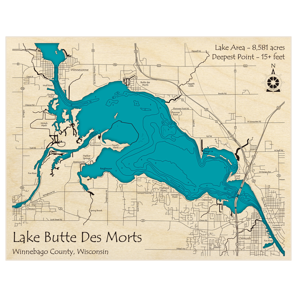 Bathymetric topo map of Butte des Morts Lake with roads, towns and depths noted in blue water