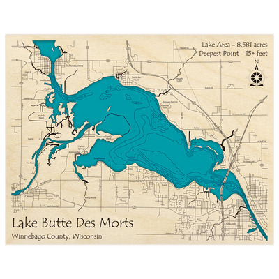 Bathymetric topo map of Butte des Morts Lake with roads, towns and depths noted in blue water