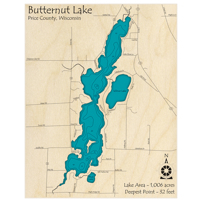 Bathymetric topo map of Butternut Lake with roads, towns and depths noted in blue water