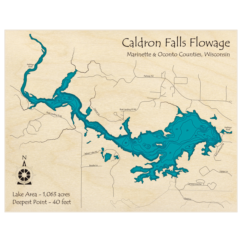 Bathymetric topo map of Caldron Falls Flowage with roads, towns and depths noted in blue water