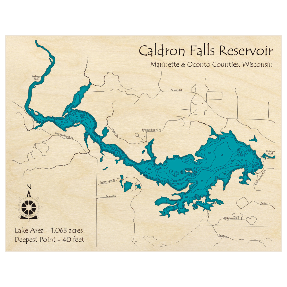 Bathymetric topo map of Caldron Falls Reservoir with roads, towns and depths noted in blue water