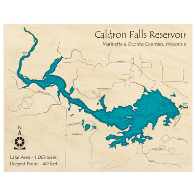 Bathymetric topo map of Caldron Falls Reservoir with roads, towns and depths noted in blue water