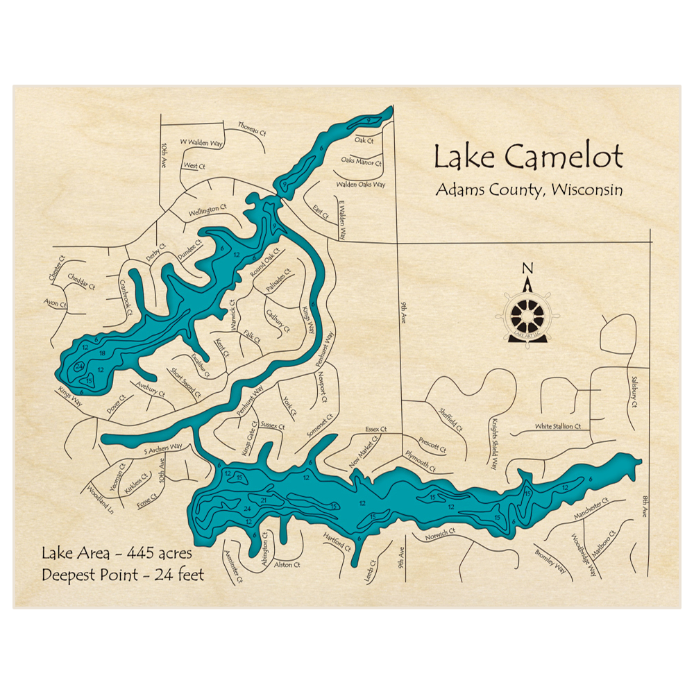 Bathymetric topo map of Lake Camelot with roads, towns and depths noted in blue water