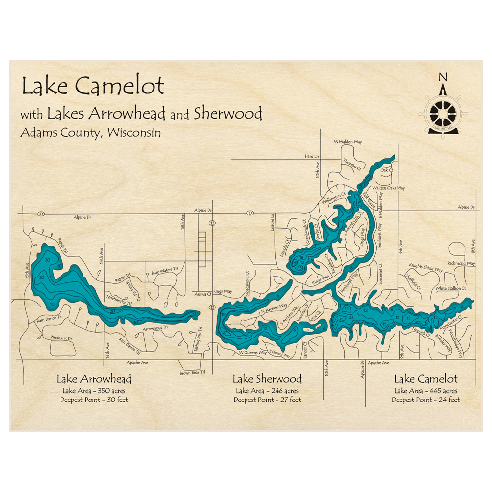 Bathymetric topo map of Lake Camelot (With Lakes Arrowhead and Sherwood) with roads, towns and depths noted in blue water