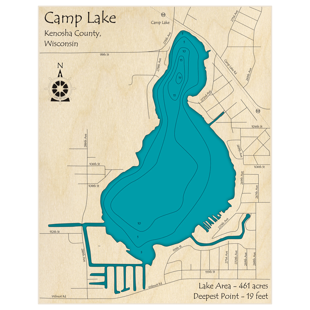 Bathymetric topo map of Camp Lake with roads, towns and depths noted in blue water