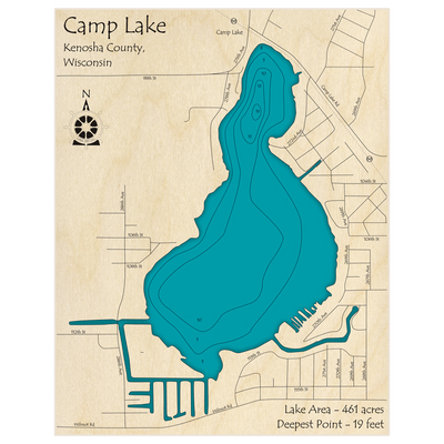 Bathymetric topo map of Camp Lake with roads, towns and depths noted in blue water