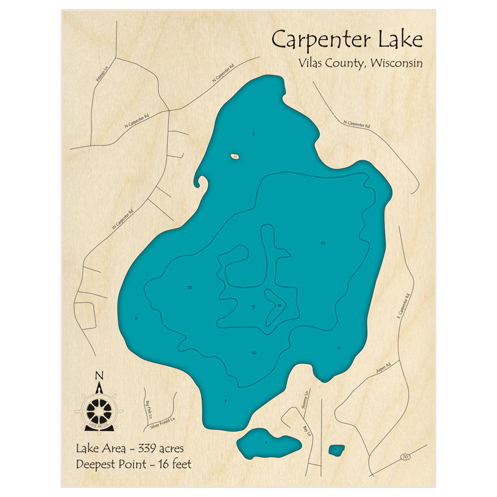 Bathymetric topo map of Carpenter Lake with roads, towns and depths noted in blue water