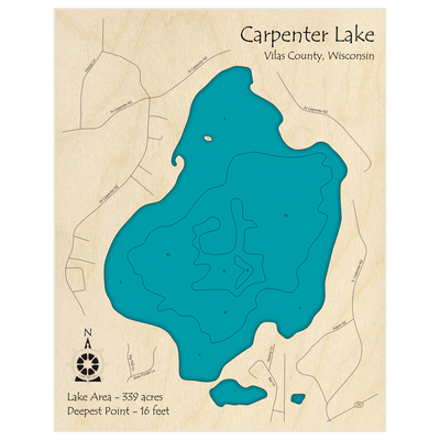 Bathymetric topo map of Carpenter Lake with roads, towns and depths noted in blue water