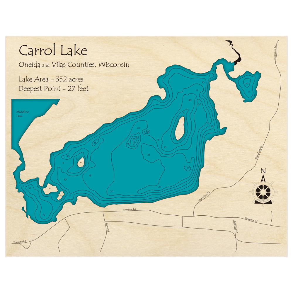 Bathymetric topo map of Carrol Lake with roads, towns and depths noted in blue water