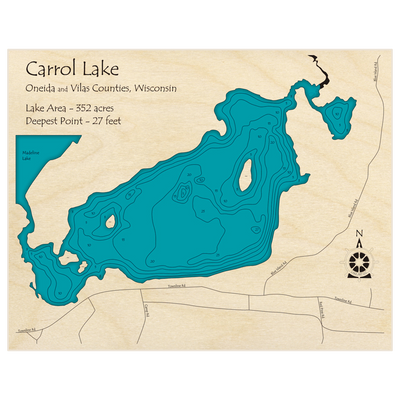 Bathymetric topo map of Carrol Lake with roads, towns and depths noted in blue water