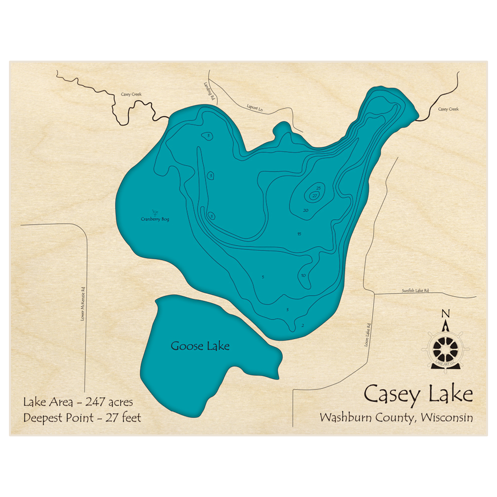 Bathymetric topo map of Casey Lake with roads, towns and depths noted in blue water