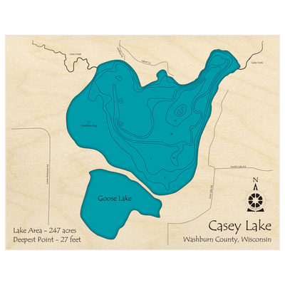 Bathymetric topo map of Casey Lake with roads, towns and depths noted in blue water