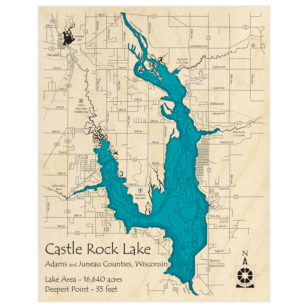 Bathymetric topo map of Castle Rock Lake with roads, towns and depths noted in blue water