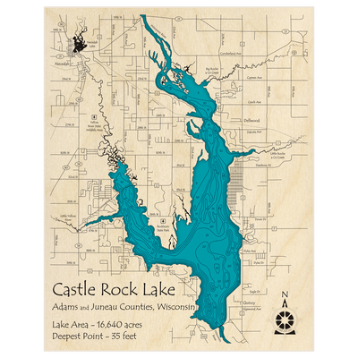 Bathymetric topo map of Castle Rock Lake with roads, towns and depths noted in blue water