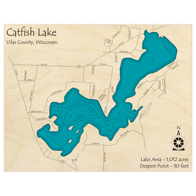 Bathymetric topo map of Catfish Lake with roads, towns and depths noted in blue water