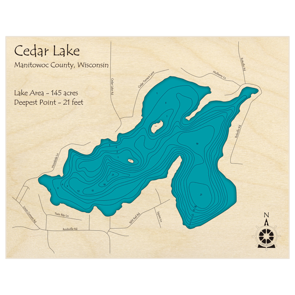 Bathymetric topo map of Cedar Lake with roads, towns and depths noted in blue water