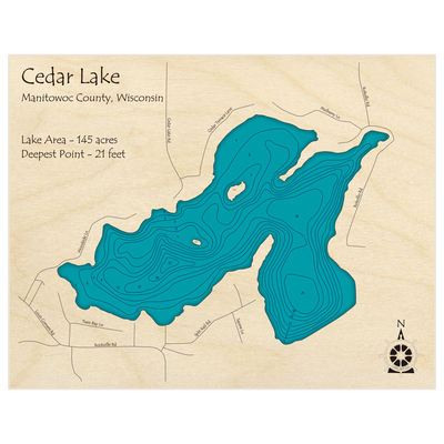 Bathymetric topo map of Cedar Lake with roads, towns and depths noted in blue water