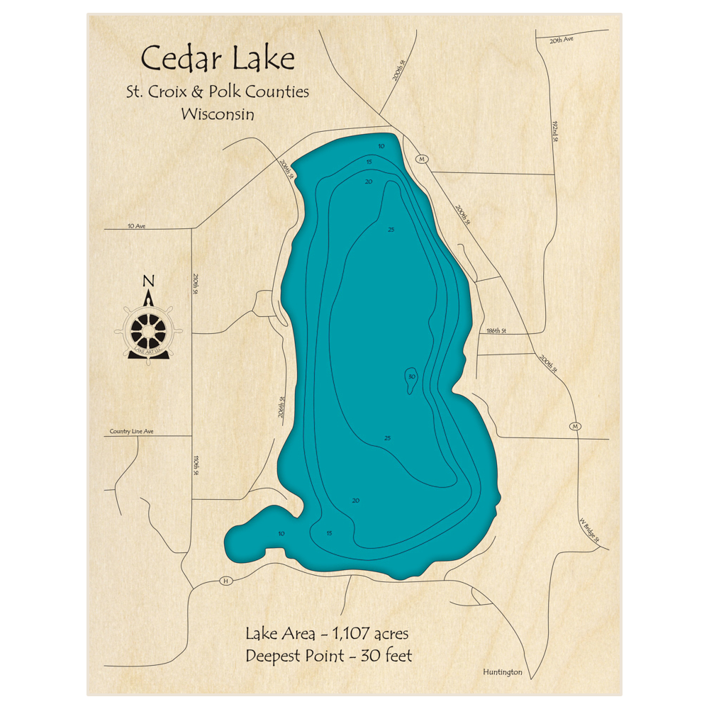 Bathymetric topo map of Cedar Lake with roads, towns and depths noted in blue water