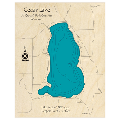 Bathymetric topo map of Cedar Lake with roads, towns and depths noted in blue water