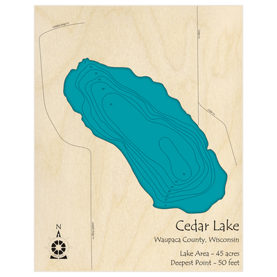 Bathymetric topo map of Cedar Lake with roads, towns and depths noted in blue water