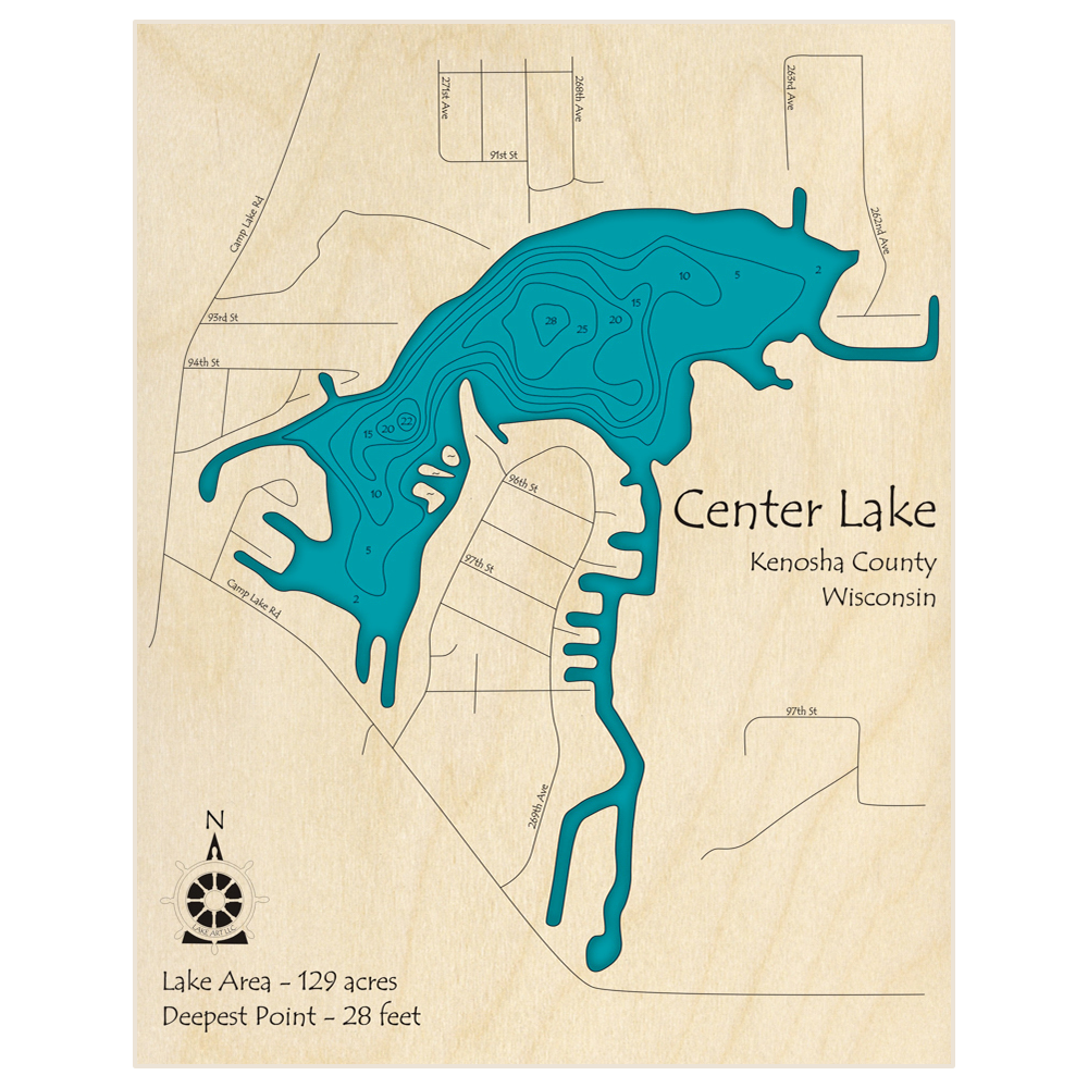 Bathymetric topo map of Center Lake with roads, towns and depths noted in blue water