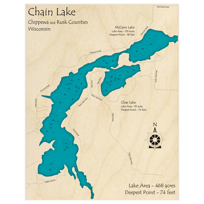 Bathymetric topo map of Chain Lake (With Clear and McCann Lakes) with roads, towns and depths noted in blue water