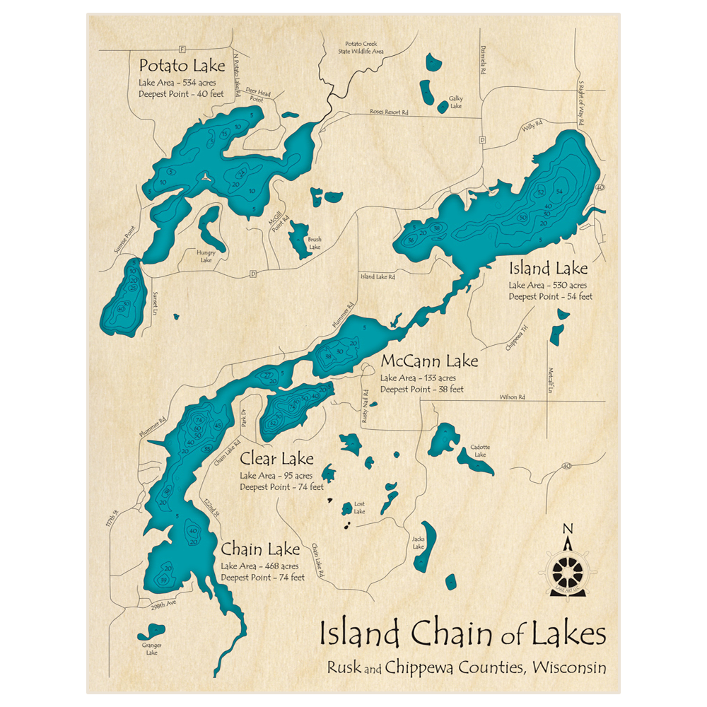 Bathymetric topo map of Island Chain of Lakes with roads, towns and depths noted in blue water