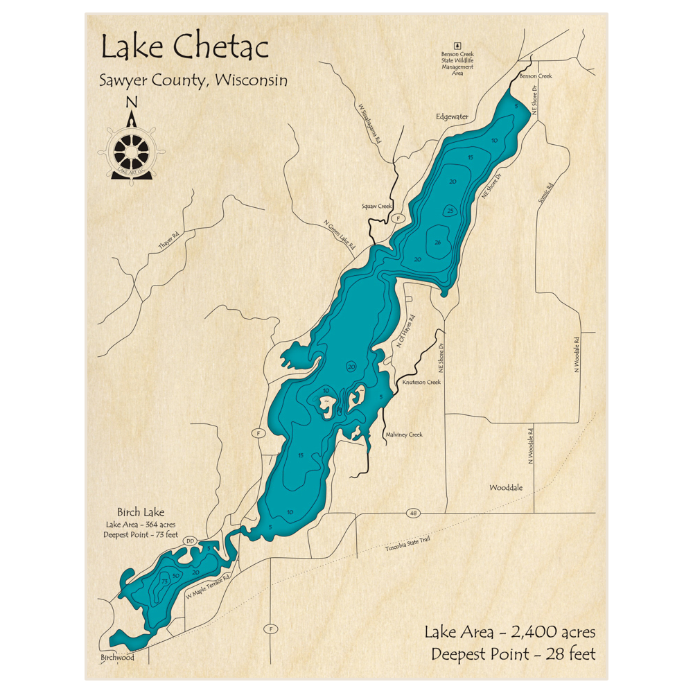 Bathymetric topo map of Lake Chetac with roads, towns and depths noted in blue water