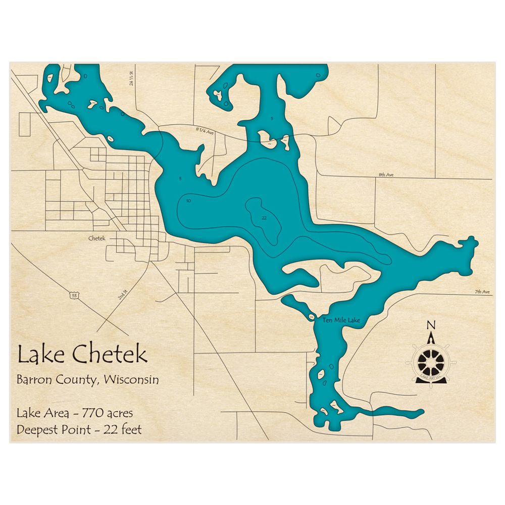 Bathymetric topo map of Lake Chetek with roads, towns and depths noted in blue water