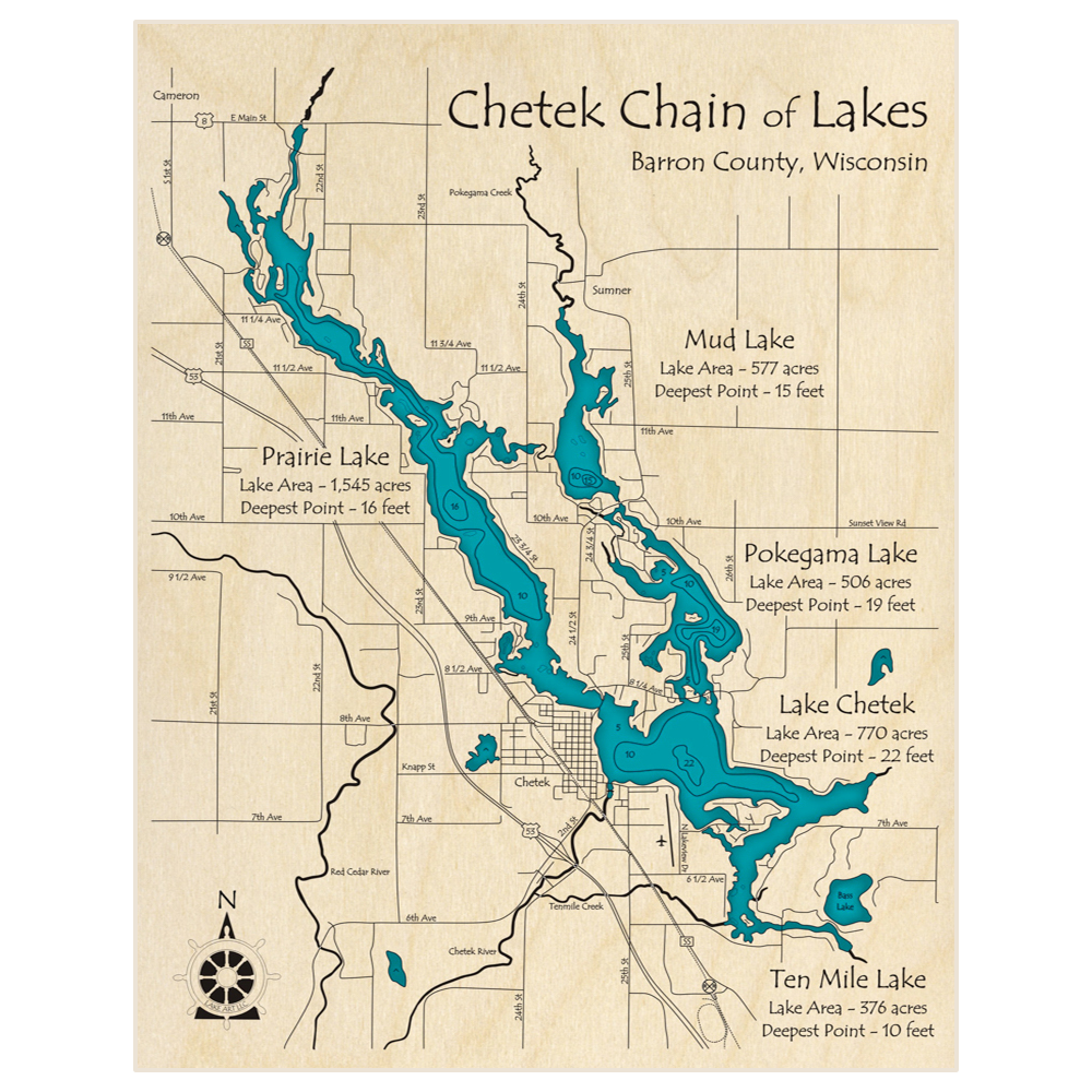 Bathymetric topo map of Lake Chetek Chain of Lakes with roads, towns and depths noted in blue water