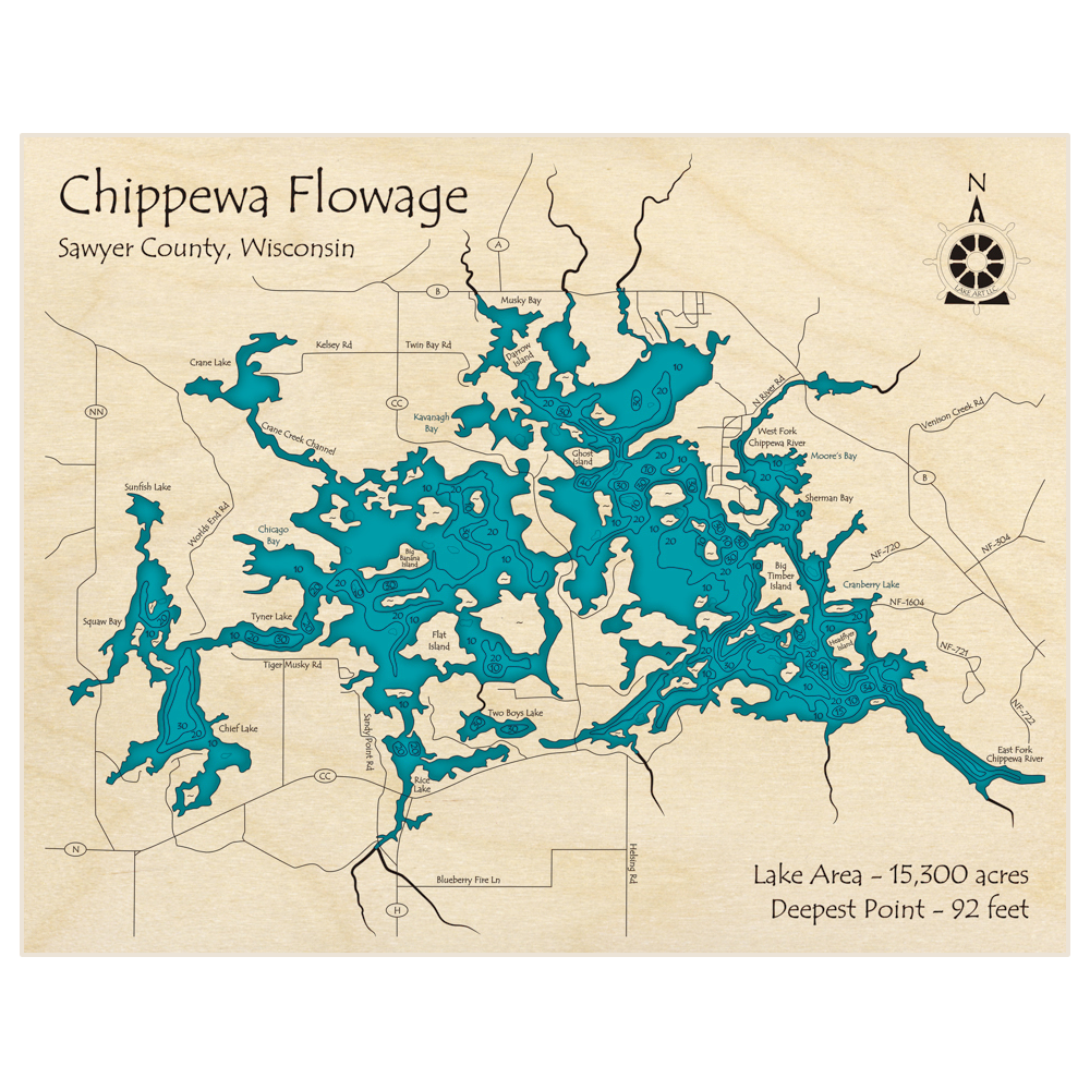 Bathymetric topo map of Chippewa Flowage with roads, towns and depths noted in blue water