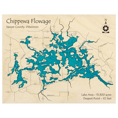 Bathymetric topo map of Chippewa Flowage with roads, towns and depths noted in blue water