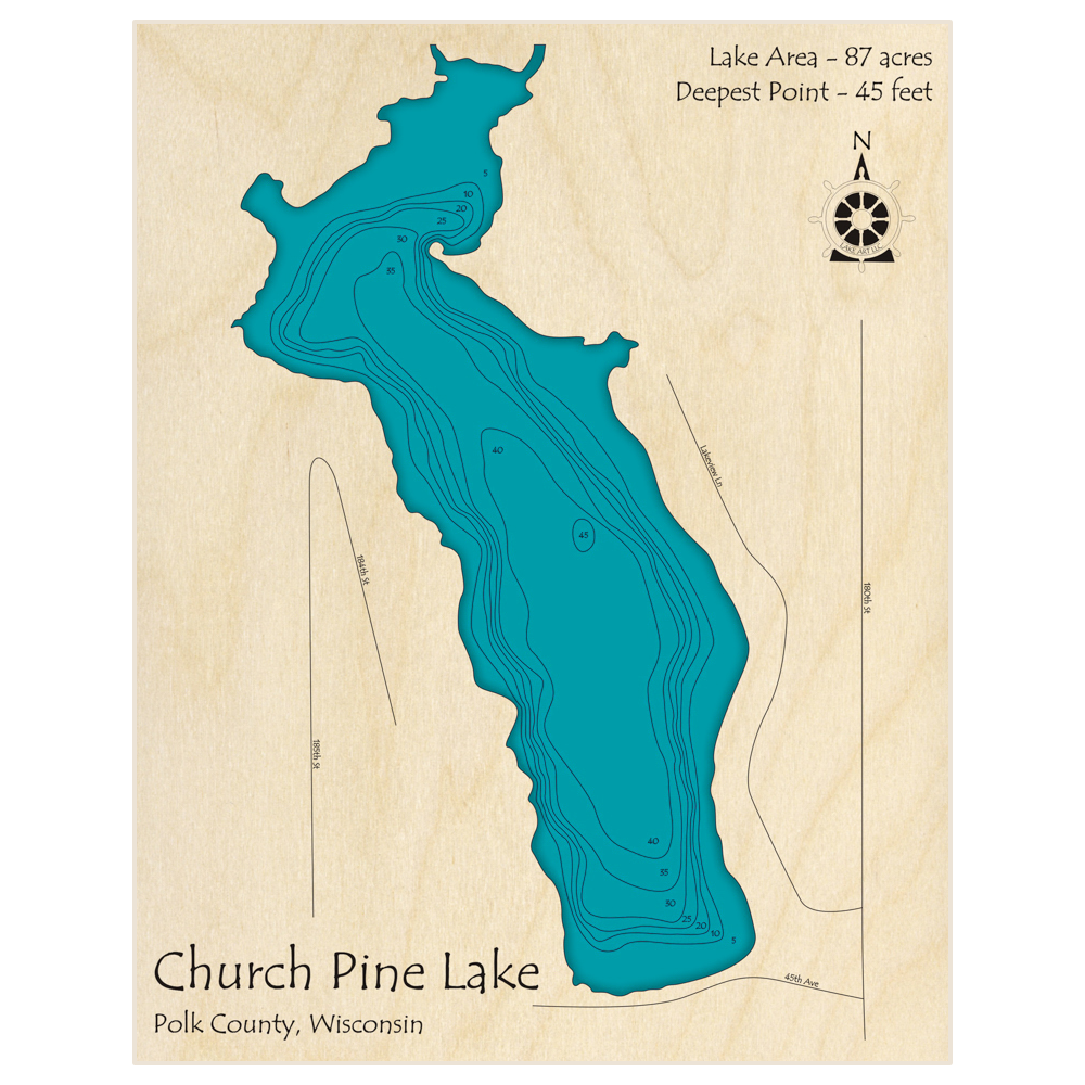 Bathymetric topo map of Church Pine Lake with roads, towns and depths noted in blue water