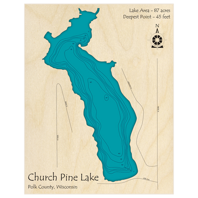 Bathymetric topo map of Church Pine Lake with roads, towns and depths noted in blue water