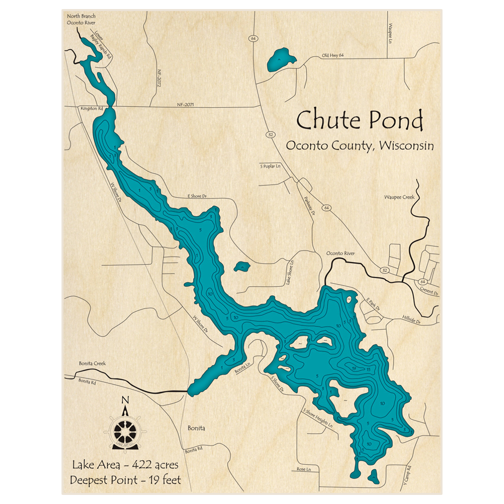 Bathymetric topo map of Chute Pond with roads, towns and depths noted in blue water