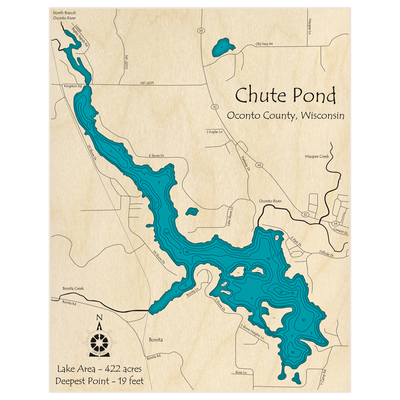 Bathymetric topo map of Chute Pond with roads, towns and depths noted in blue water