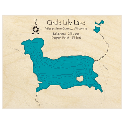 Bathymetric topo map of Circle Lily Lake with roads, towns and depths noted in blue water