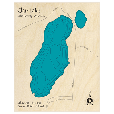 Bathymetric topo map of Clair Lake with roads, towns and depths noted in blue water