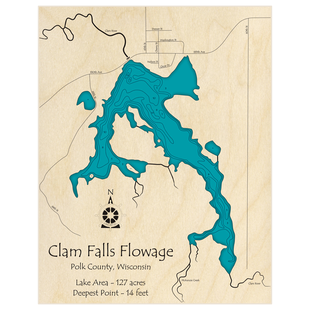 Bathymetric topo map of Clam Falls Flowage with roads, towns and depths noted in blue water