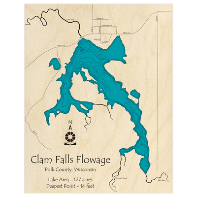 Bathymetric topo map of Clam Falls Flowage with roads, towns and depths noted in blue water