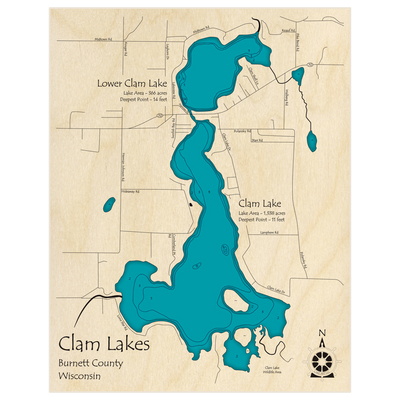 Bathymetric topo map of Clam Lakes (Upper and Lower) with roads, towns and depths noted in blue water