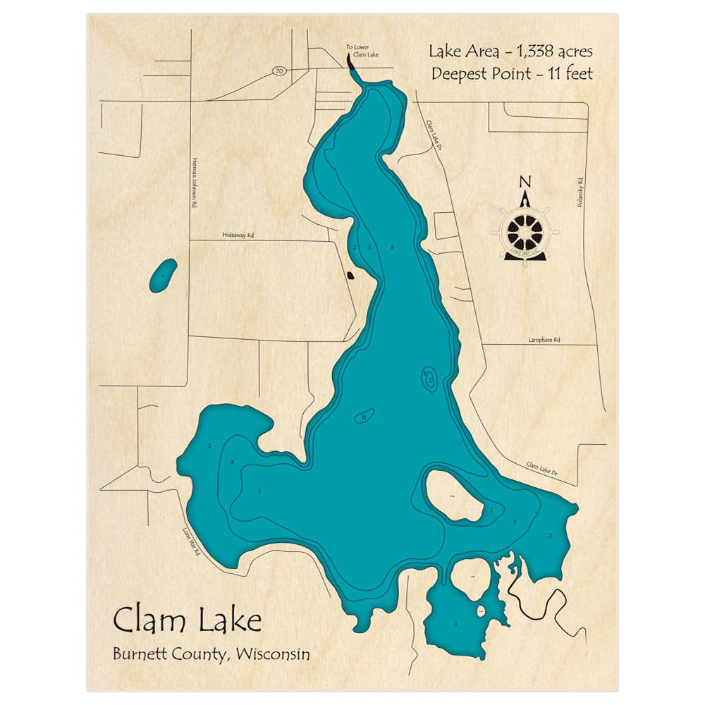 Bathymetric topo map of Clam Lake (Upper Only) with roads, towns and depths noted in blue water
