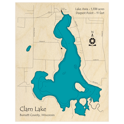 Bathymetric topo map of Clam Lake (Upper Only) with roads, towns and depths noted in blue water
